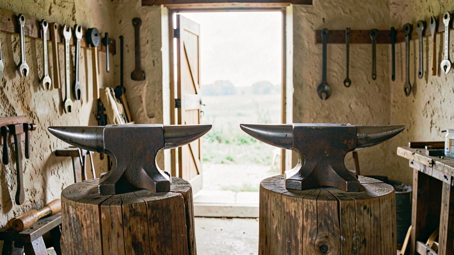 Illustrative image: two double horned anvils on wooden stumps in a quiet smithy, hand tools hanging on the walls, daylight from an open door between them.