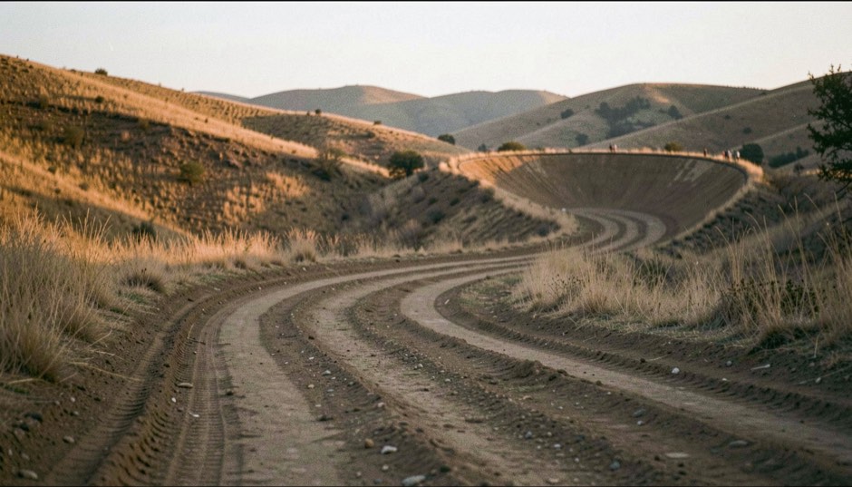 Illustrative image: a rutted dirt track bending through dry grass toward a banked turn, low evening light across the ridges.